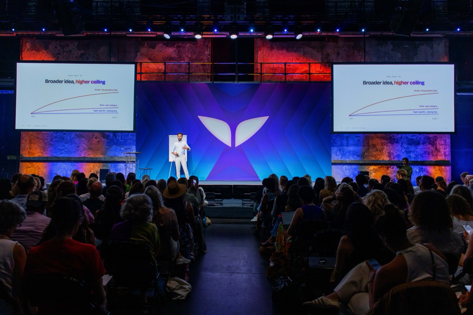 The full Mindvalley University hall during Saf's talk, with Broader idea, higher ceiling on both screens.